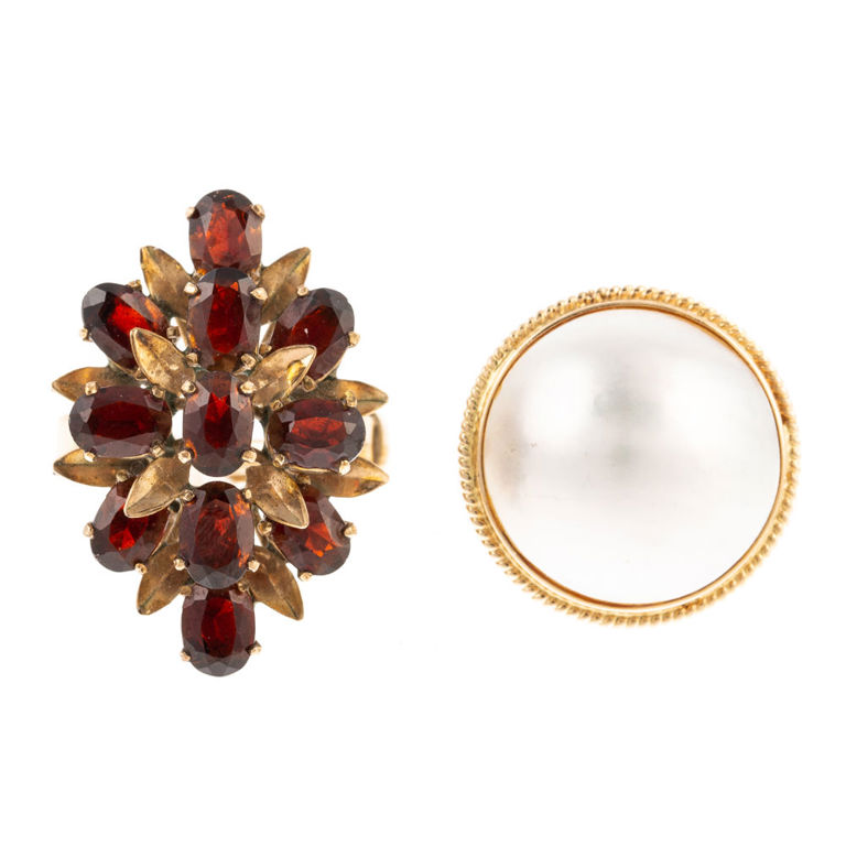 14k gold pearl ring and 14k gold garnet ring