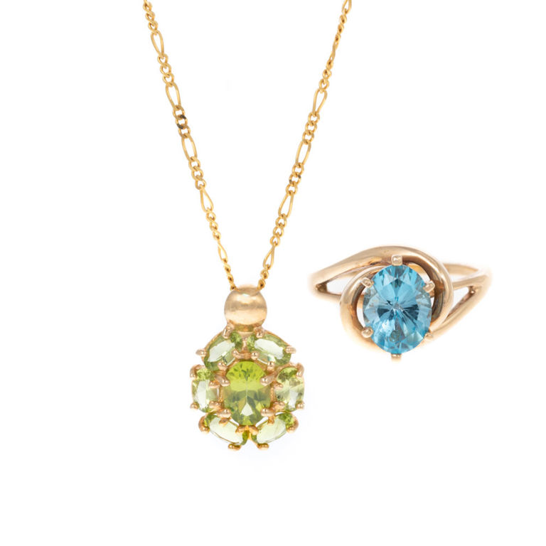 14k yellow gold blue topaz ring and peridot pendant on chain