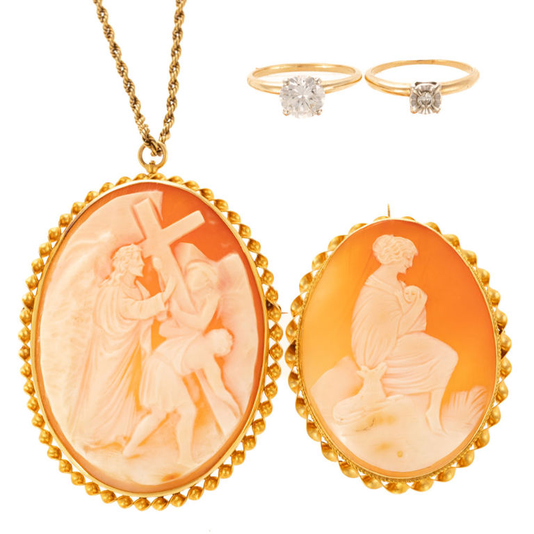 Two rings and two cameos in 14k and 10k gold