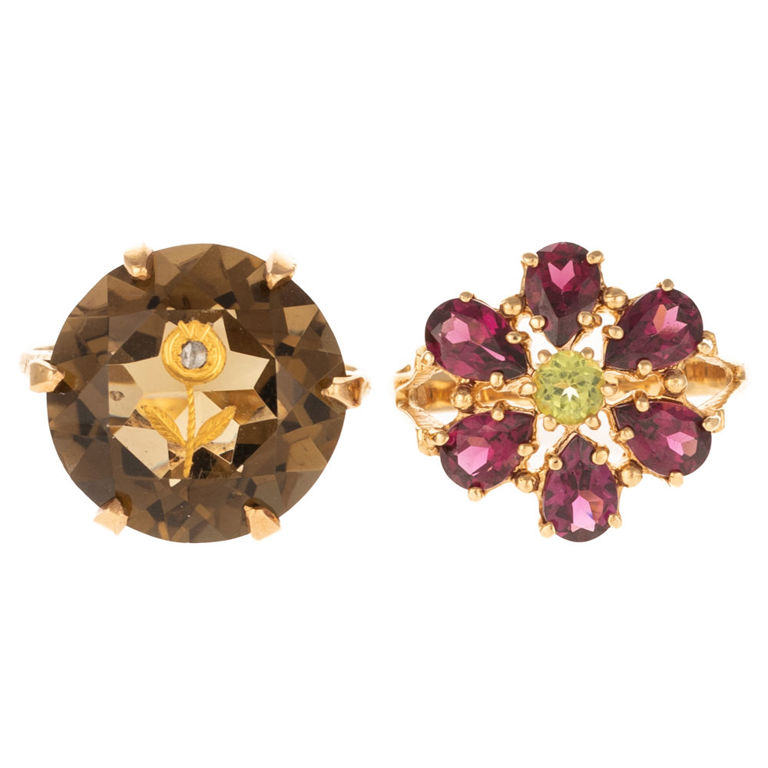 Two 14k yellow gold mlti-gemstone flower rings