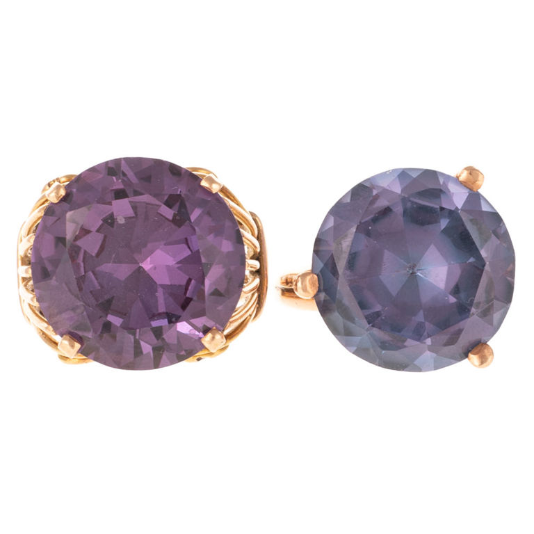Two 14k yellow gold synthetic sapphire rings