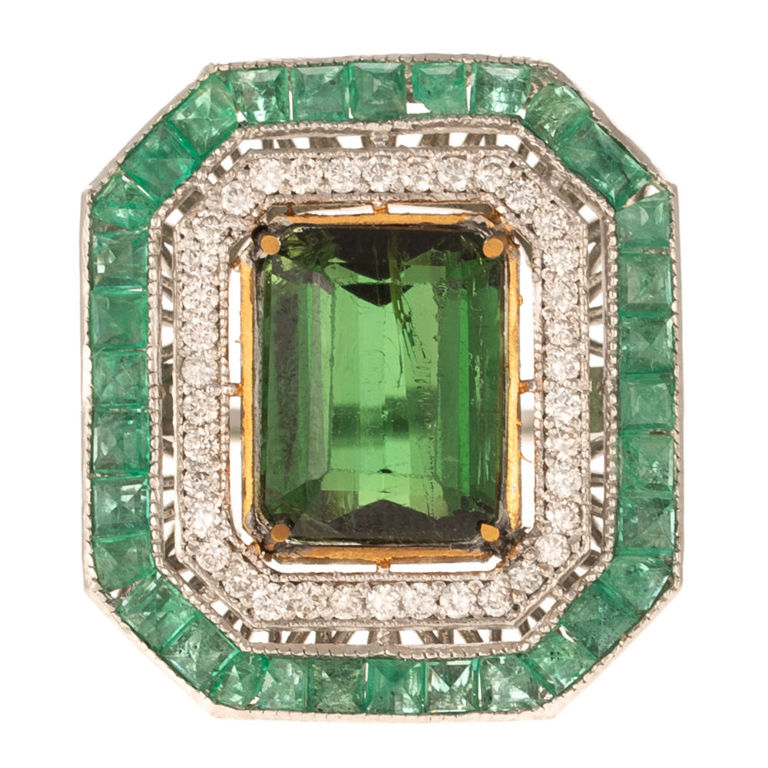 Platinum tourmaline, emerald and diamond halo ring