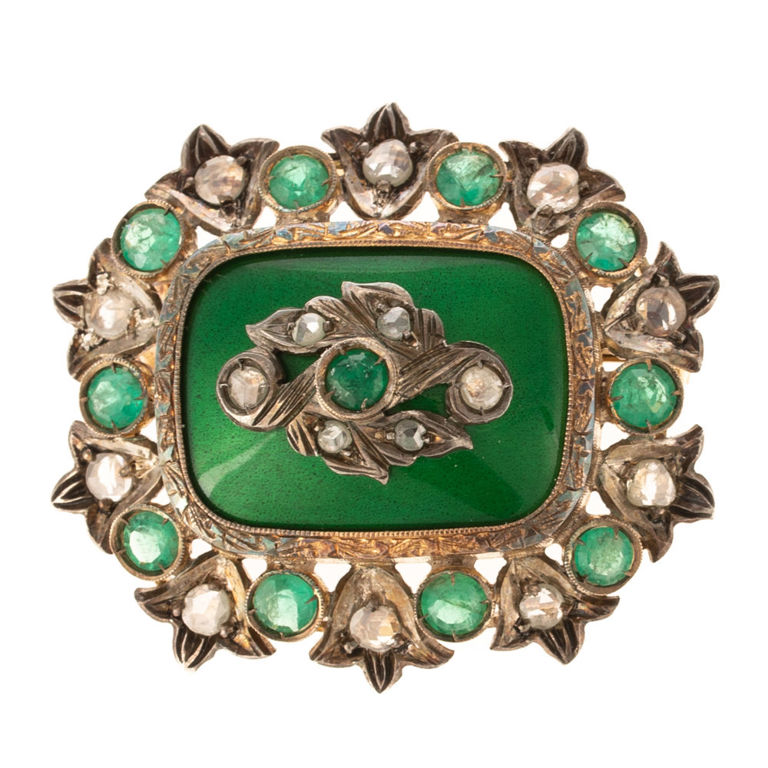 18k yellow and white gold diamond and emerald brooch/pendant