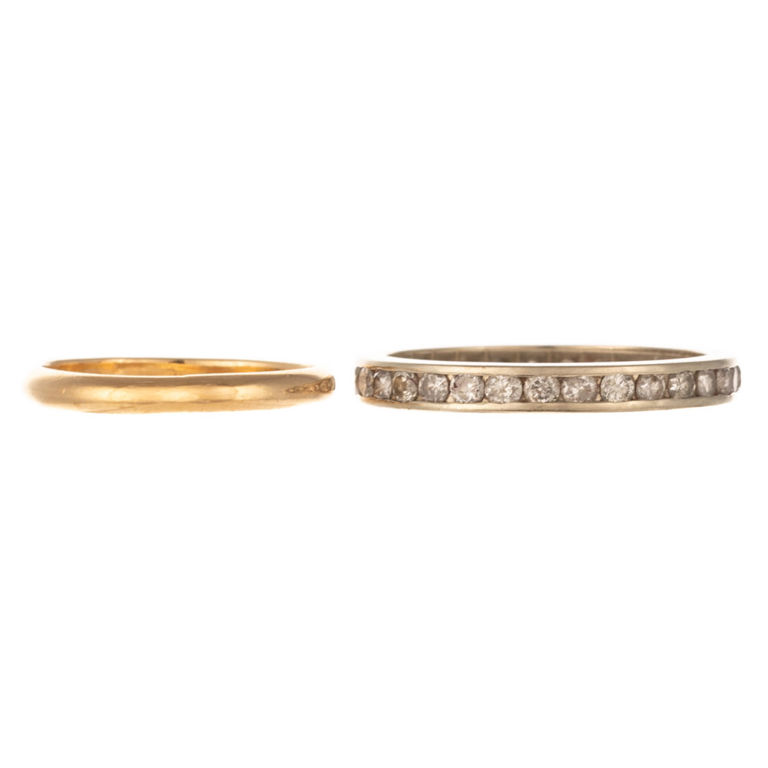14k white gold diamond eternity ring and 14k yellow gold band ring