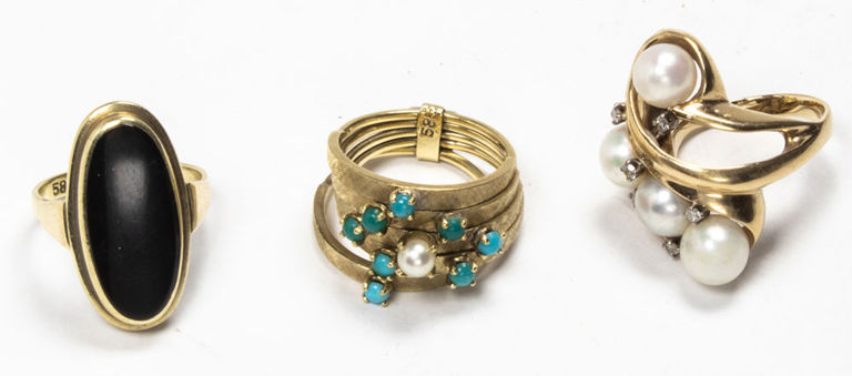 14k gold pearl, diamond, turquoise and onyx rings