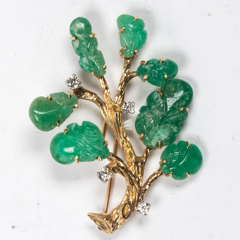 14k gold emerald and diamond brooch