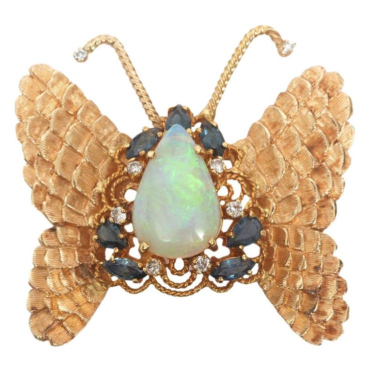 14k gold diamond opal sapphire butterfly brooch