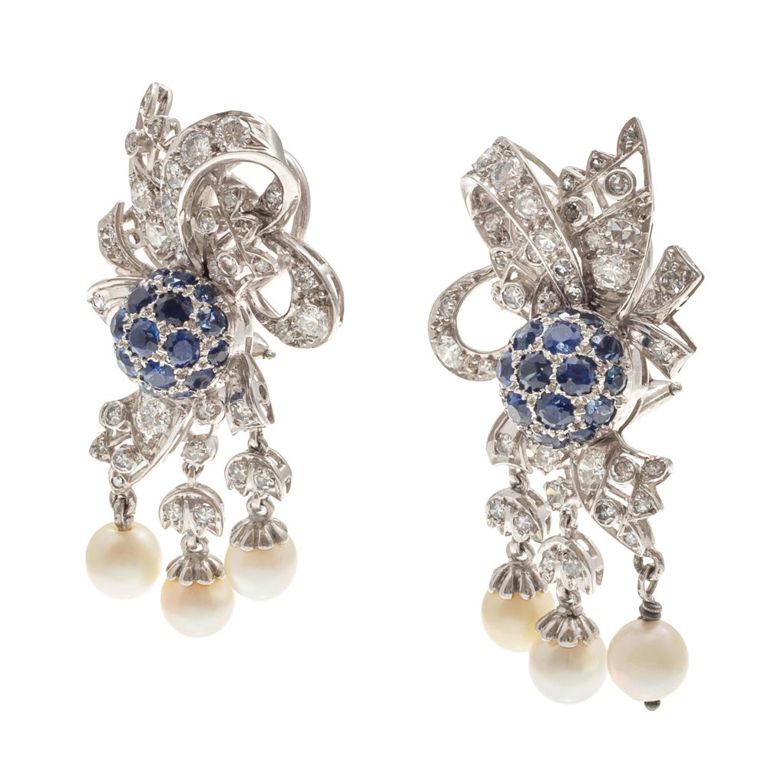 Platinum sapphire diamond pearl earrings