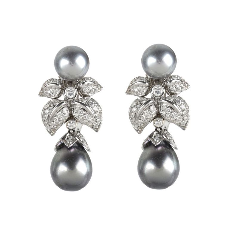 18k white gold pearl and diamond drop earrings