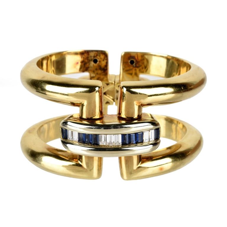 18k yellow gold sapphire and diamond hinged cuff bangle