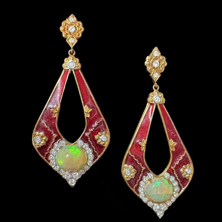 18k yellow gold enamel, opal and diamond dangle earrings