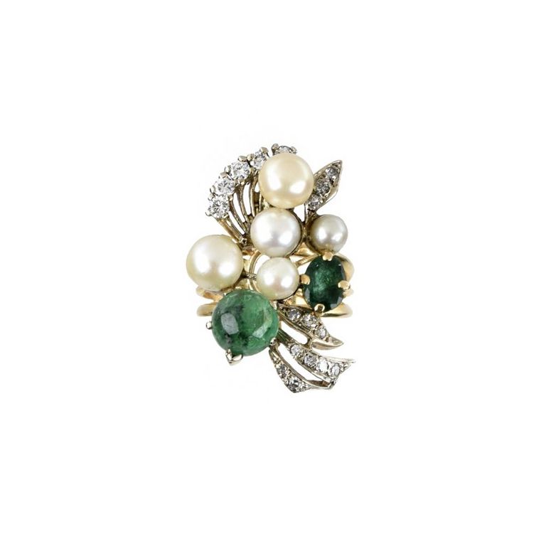 14k yellow gold emerald, diamond and pearl ring