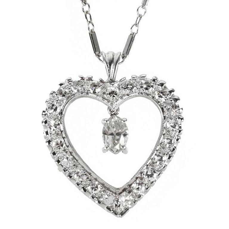 14k white gold diamond heart pendant on necklace