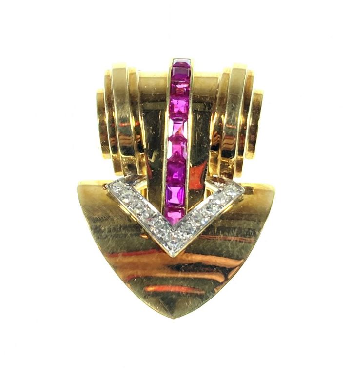 14k gold ruby and diamond brooch