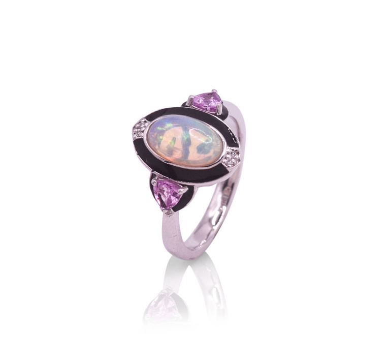 Platinum opal and sapphire ring