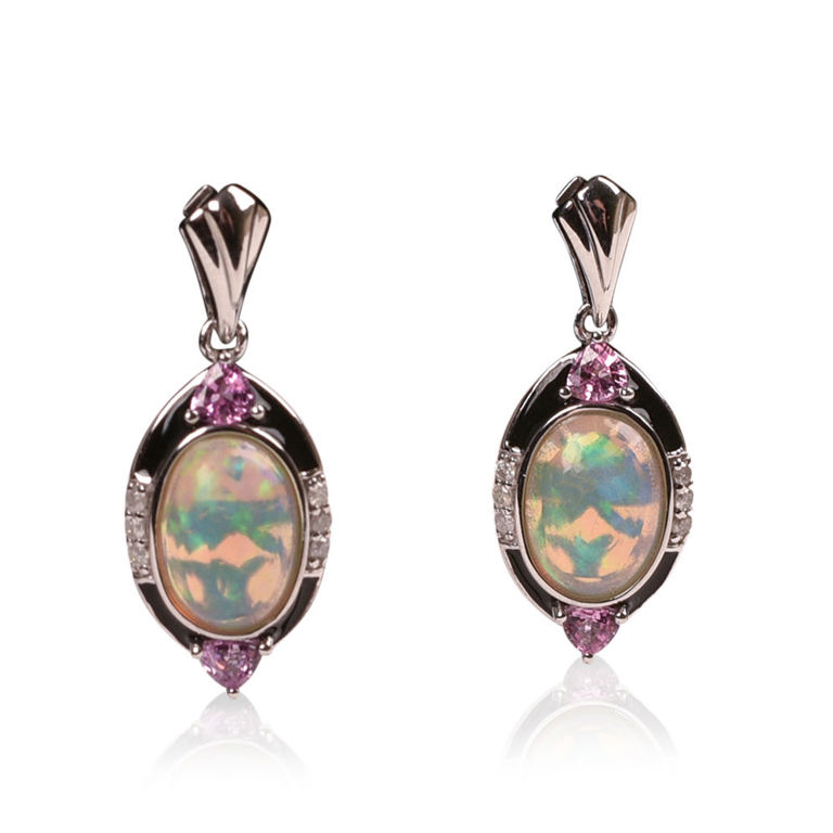 Platinum opal and pink sapphire earrings