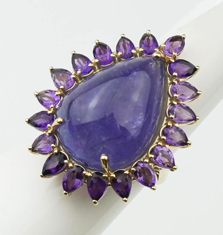 18k yellow gold tanzanite and amethyst ring