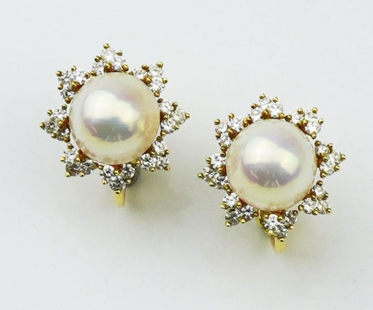 18k yellow gold pearl and diamond earrings