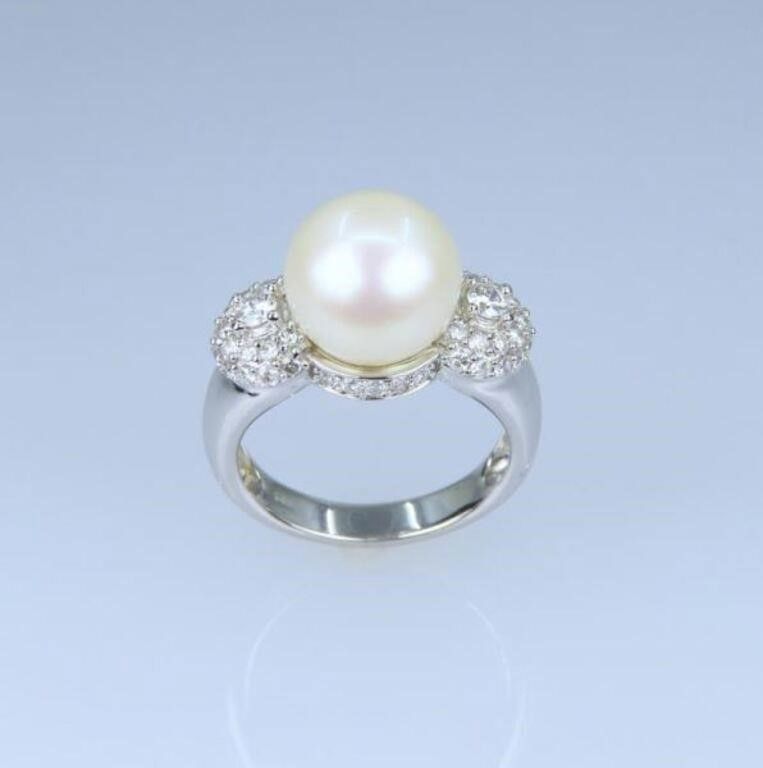 14k white gold pearl and diamond ring