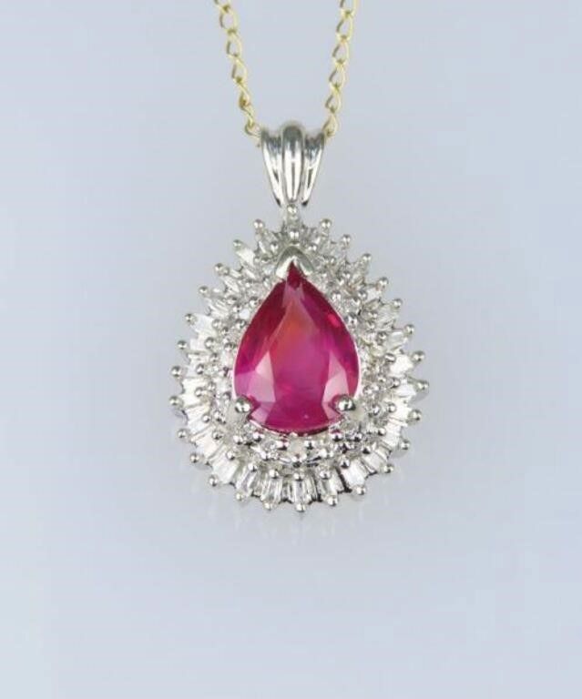 10k white gold ruby and diamond pendant on necklace