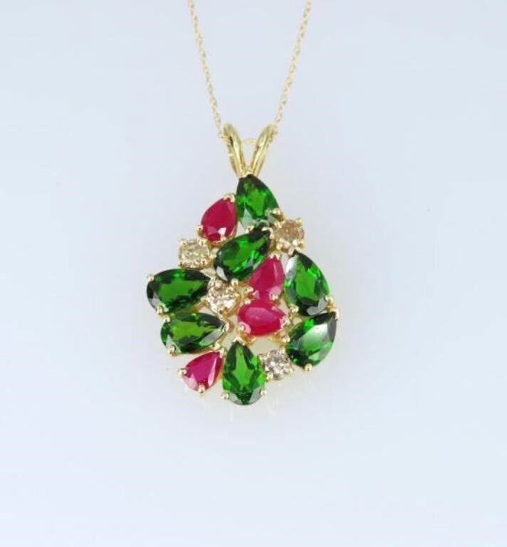 14k yellow gold ruby, tourmaline and diamond pendant