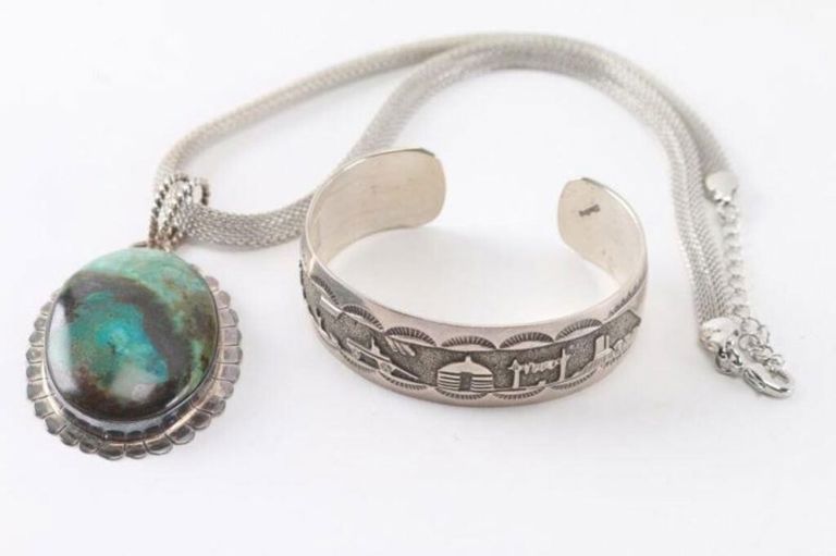 Sterling silver turquoise pendant necklace and cuff bracelet