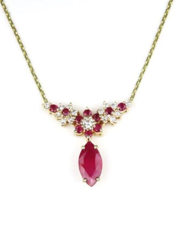 14k yellow gold ruby and diamond pendant necklace