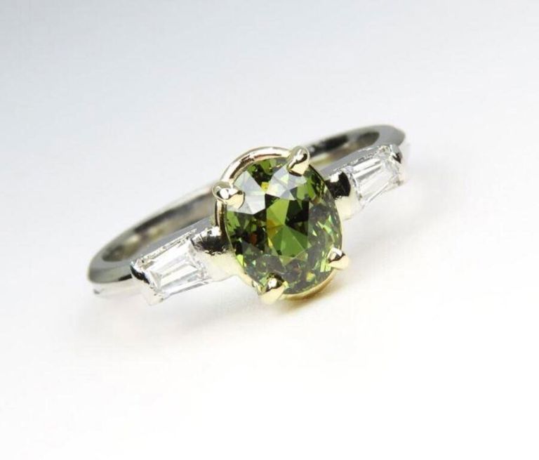 Platinum and 14k yellow gold demantoid garnet and diamond ring