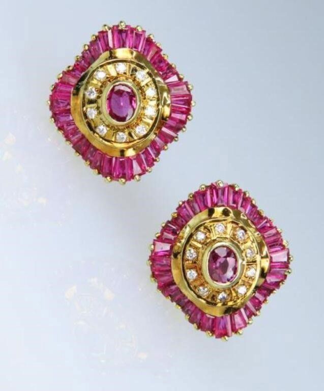 14k yellow gold ruby and diamond earrings