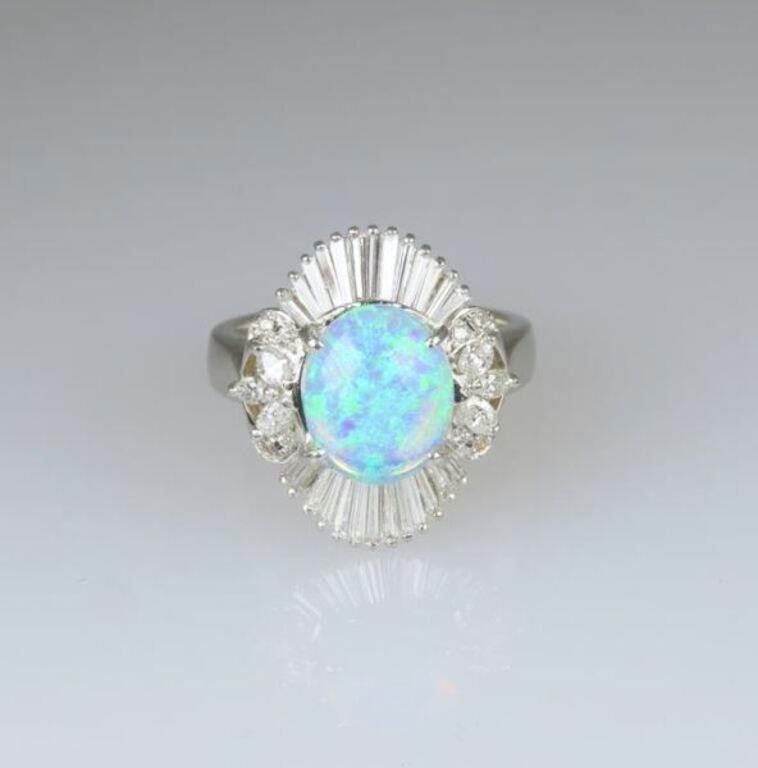 Platinum opal and diamond ring