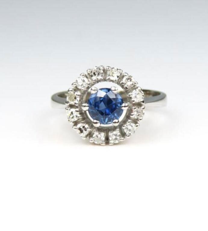 14k white gold sapphire and diamond halo ring