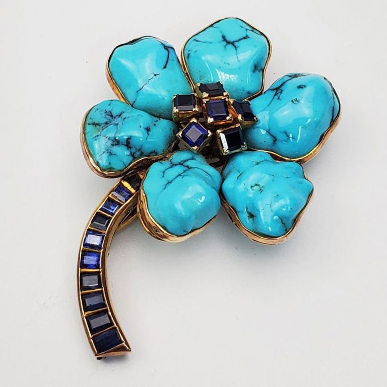 14k gold turquoise flower brooch