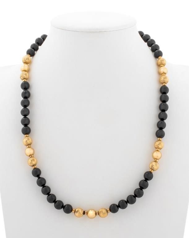 14k yellow gold onyx bead necklace