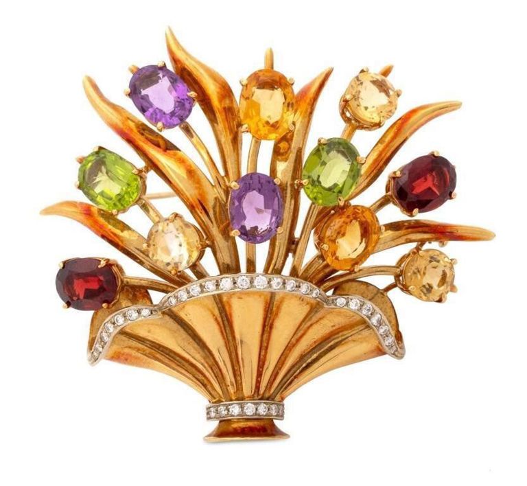 18k two-tone gemstone spray brooch