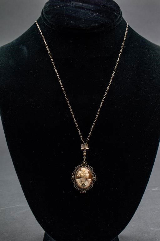 14k gold diamond cameo necklace
