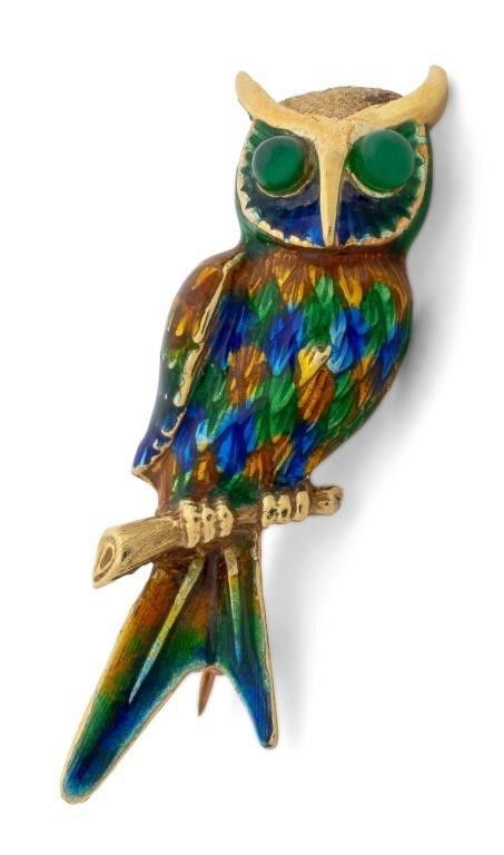 14k gold chalcedony enamel owl brooch