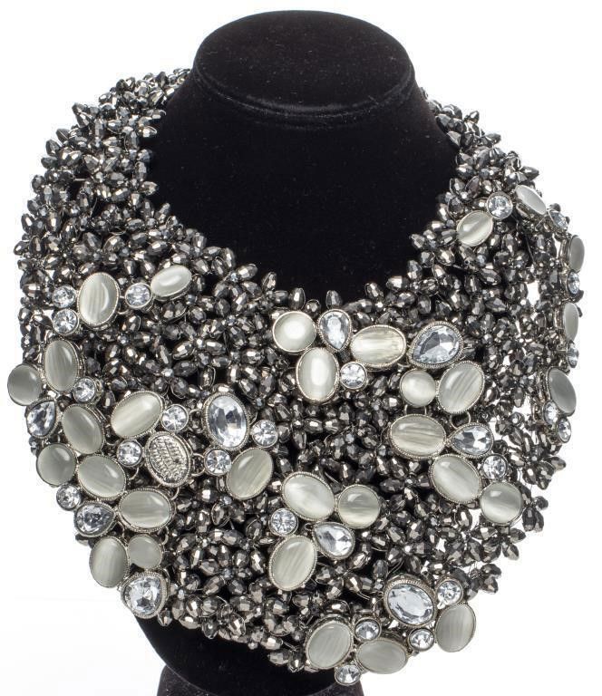 Hematite and stone bib necklace