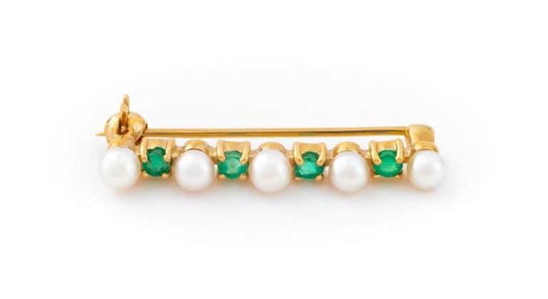 14k gold pearl emerald pin