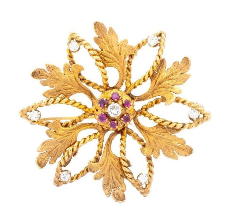 14k yellow gold diamond ruby brooch