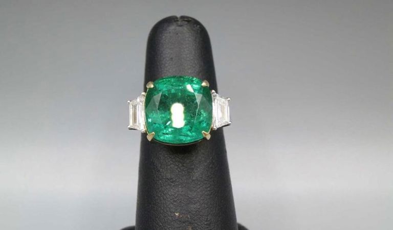 Platinum and 18k yellow gold emerald and diamond ring