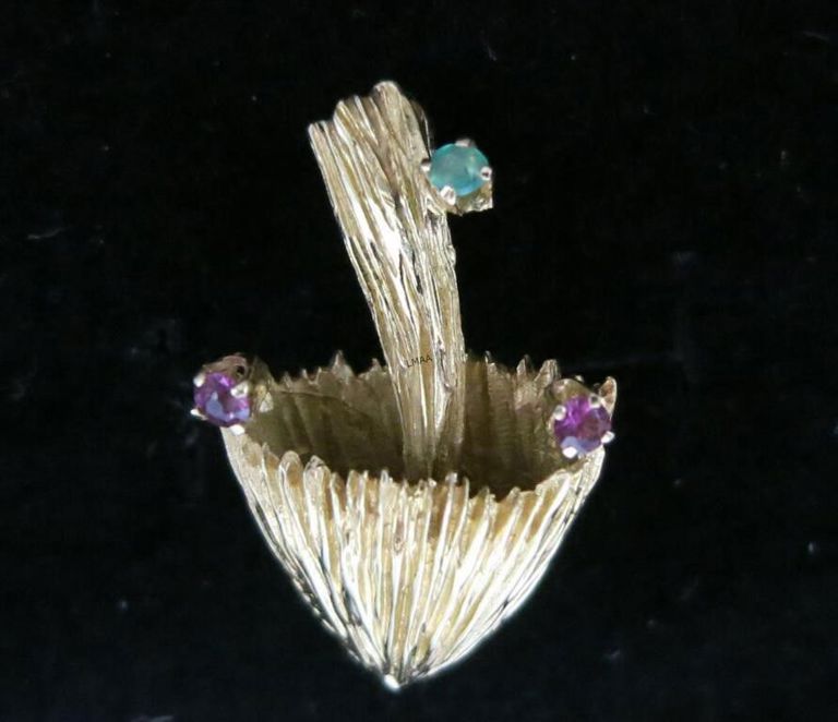 14k yellow gold ruby and emerald mushroom brooch/pendant