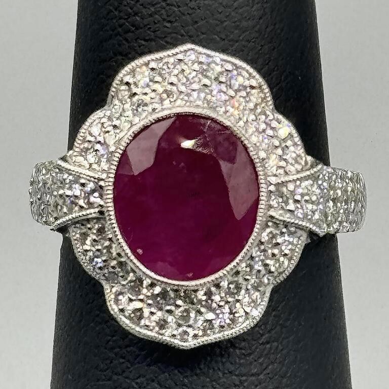 Platinum ruby and diamond ring