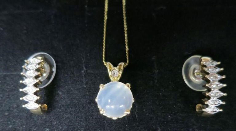 14k yellow gold pendant necklace and pair of earrings