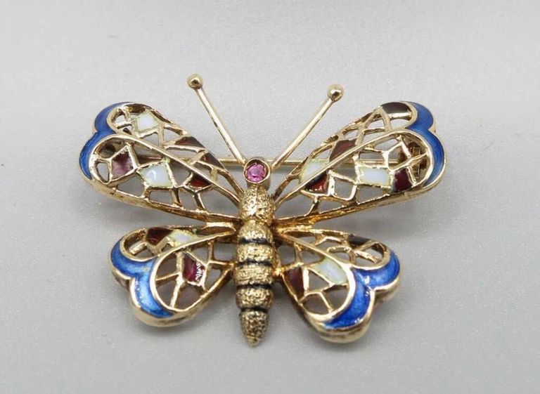 14k yellow gold ruby and enamel butterfly brooch
