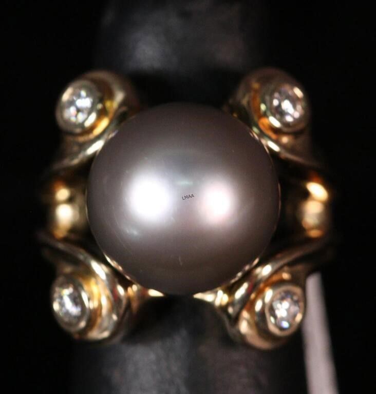 14k yellow gold pearl and diamond ring