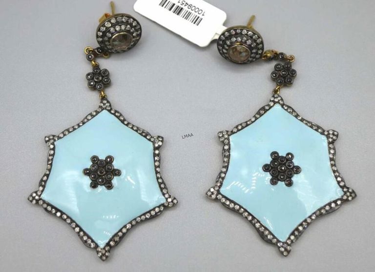 18k gold, silver, enamel and diamond drop earrings