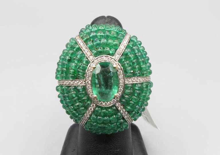 18k rose gold emerald, diamond and bead ring