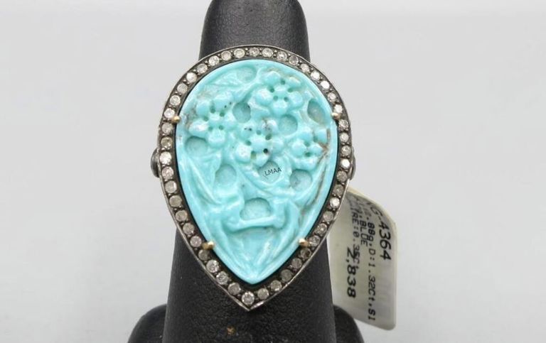 18k gold and silver turquoise, diamond and sapphire ring