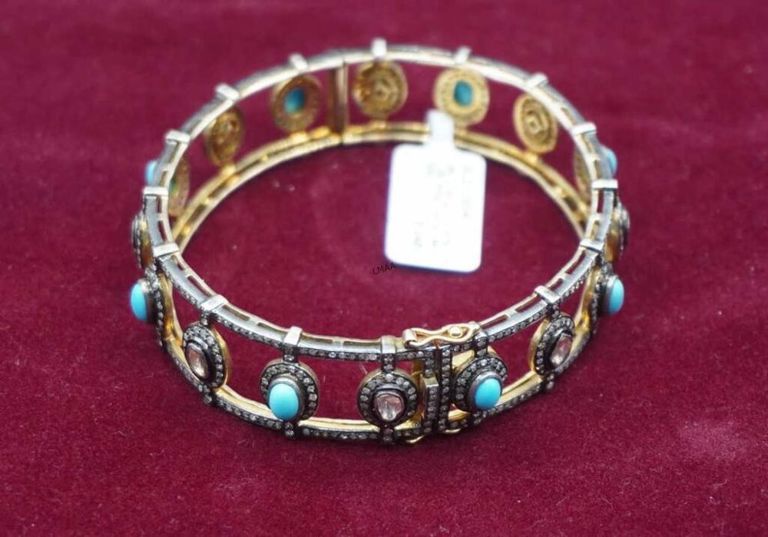 18k gold and silver diamond and turquoise bracelet