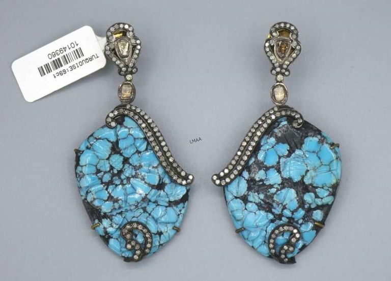 18k gold and silver turquoise and diamond drop earrings